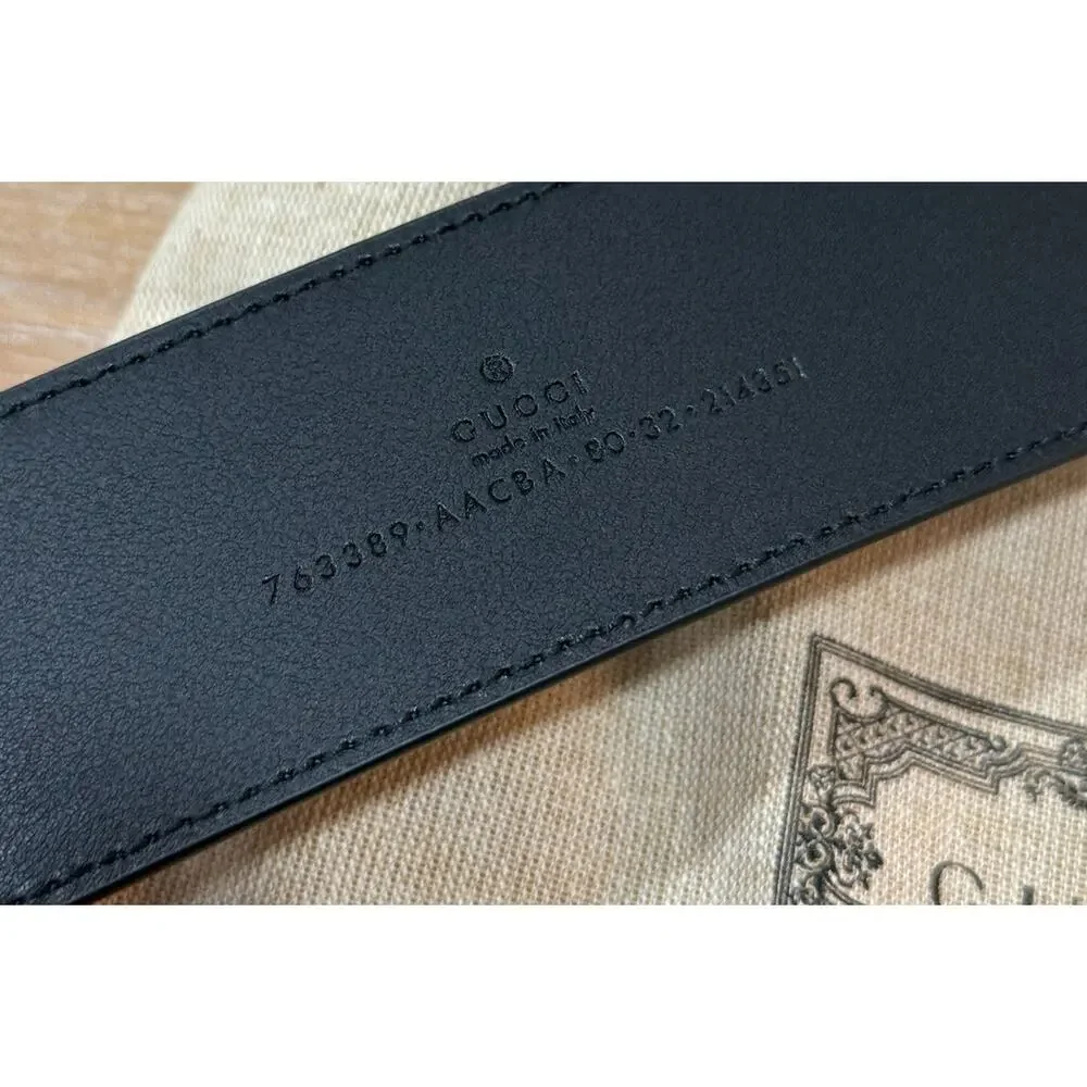 Gucci Interlocking G Brushed Leather Wide Belt Black Silver Buckle Size 80